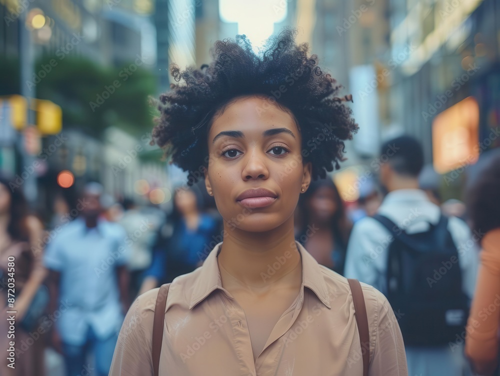 Fototapeta premium diverse crowd fills bustling city street focus on empowered woman gazing directly at viewer urban energy pulsates