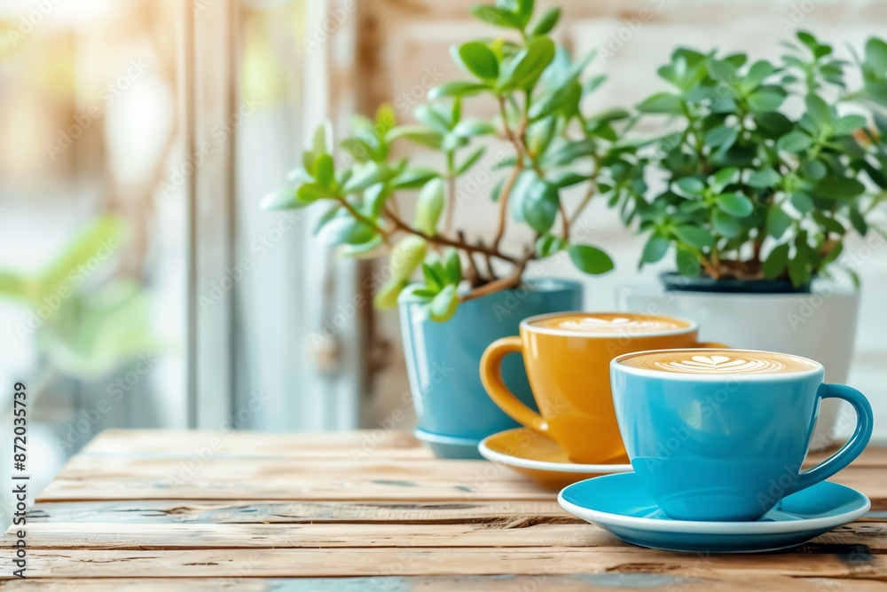 Cozy cafe scene with colorful coffee cups and indoor plants on a rustic wooden table by a sunlit window, creating a warm and inviting atmosphere. Cozy cafe scene with colorful coffee cups and indoor plants on a rustic wooden table by a sunlit window, creating a warm and inviting atmosphere.