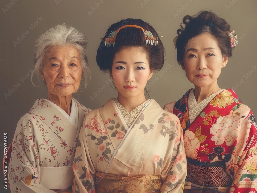 elegant portrait of three generations of japanese women in traditional kimonos showcasing beauty across ages soft lighting and minimal background highlight their grace and cultural heritage
