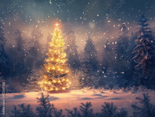 enchanted winter forest at night majestic christmas tree as focal point adorned with twinkling lights snowcovered landscape sparkles under starry sky magical serene atmosphere