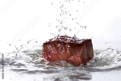 a piece of fresh grilled meat, Pieces of raw roast beef meat with ingredients, sirloin sinks in water and water splashes around the meat, white background photo