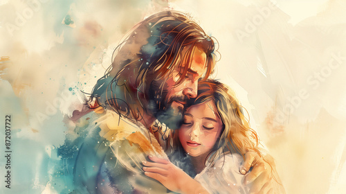 Watercolor Illustration of Jesus Embracing a Child with Love and Compassion
