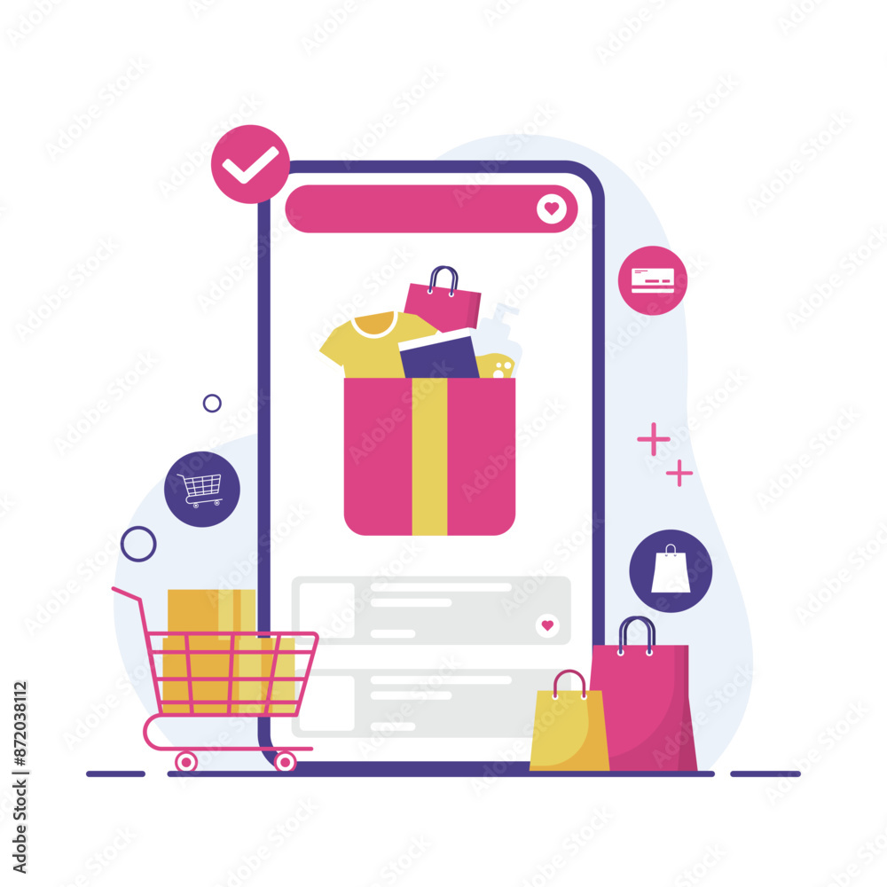 E-Commerce flat design illustration Mobile shopping app, modern online technology, customer service icons. Rating product and shop, Vector isolated white background. E-Commerce flat design illustration Mobile shopping app, modern online technology, customer service icons. Rating product and shop, Vector isolated white background.