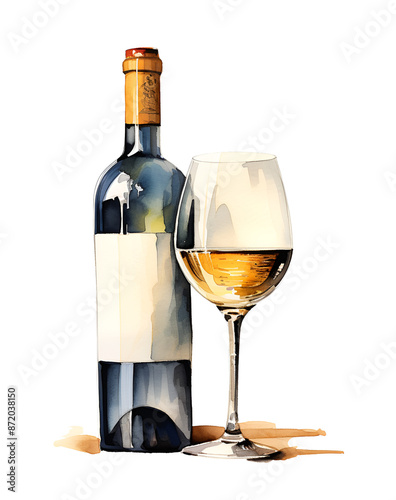 Bottle and glass of white wine, watercolor clipart illustration with isolated background.