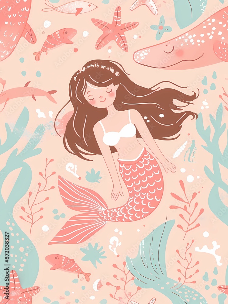 The mermaid, adorned with flowing hair and a shimmering tail, swims gracefully among colorful corals and playful sea creatures, creating a whimsical and delightful underwater world. The mermaid, adorned with flowing hair and a shimmering tail, swims gracefully among colorful corals and playful sea creatures, creating a whimsical and delightful underwater world.