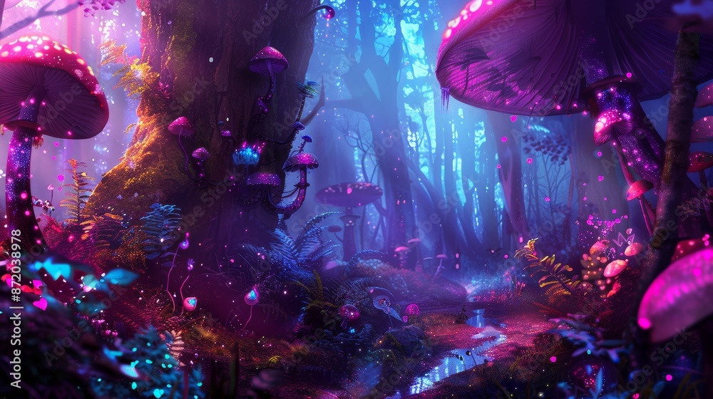 Fototapeta premium Enchanting Fantasy Landscape with Whimsical Mushrooms and Mystical Light - Magical Forest Background Wallpaper