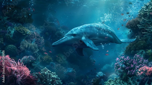 Underwater animal swimming in deep blue sea tropical reef beauty.