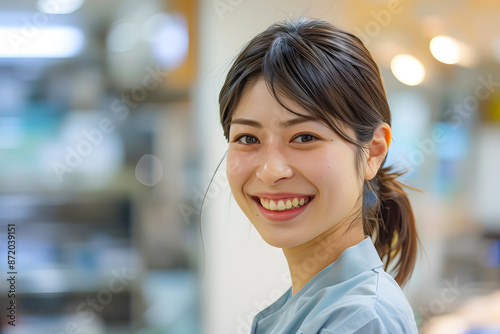 Young woman smiling warmly in a cozy indoor setting with a blurred background.