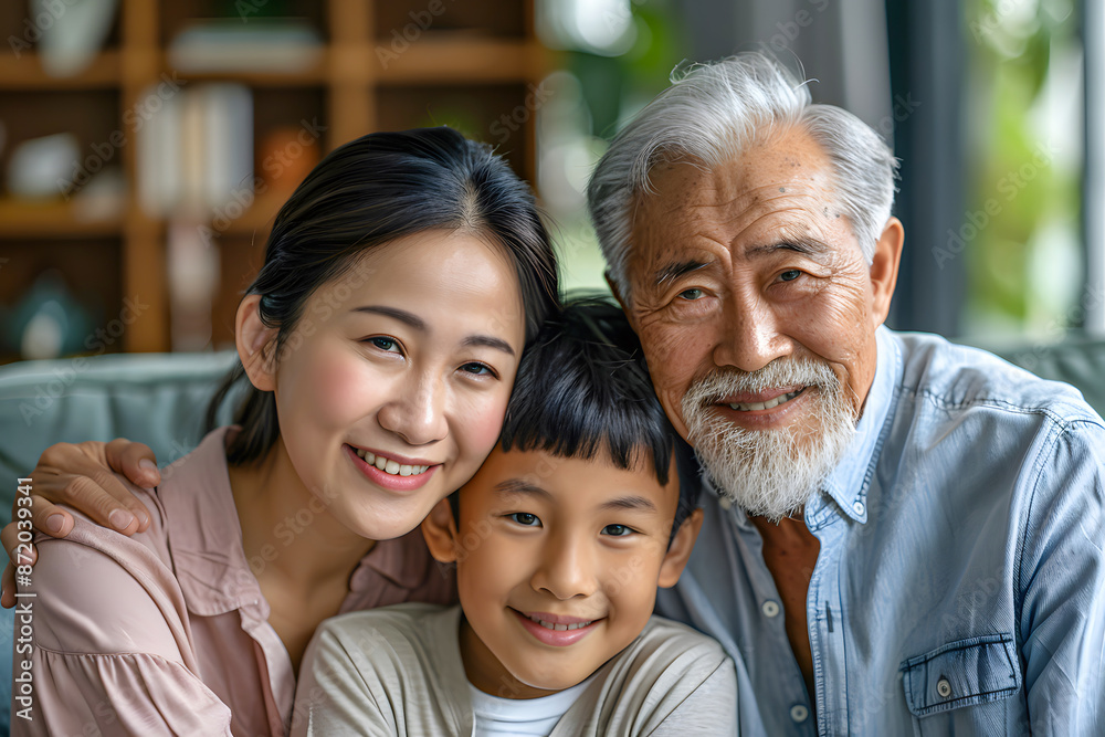 Three generations of a happy family, grandparent, child, and parent smiling together, reflecting love and bond in a cozy home setting. Three generations of a happy family, grandparent, child, and parent smiling together, reflecting love and bond in a cozy home setting.