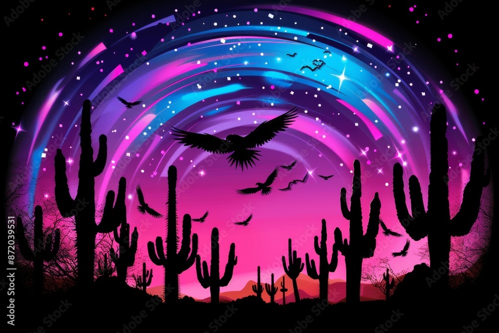 Vibrant Night Sky Over Arizona Desert with Silhouetted Cacti and Soaring Birds Vibrant Night Sky Over Arizona Desert with Silhouetted Cacti and Soaring Birds