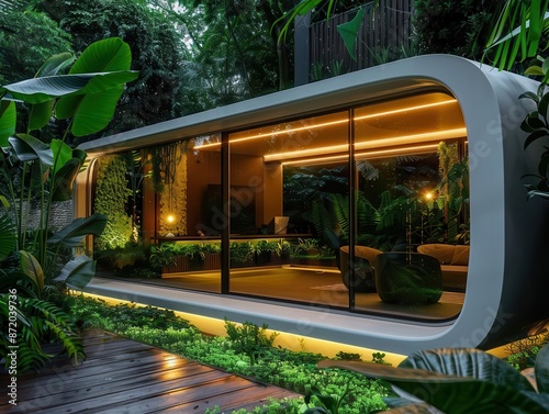 futuristic ecohome with sleek air source heat pump surrounded by lush greenery sustainable energy concept with modern architectural design soft ambient lighting photo