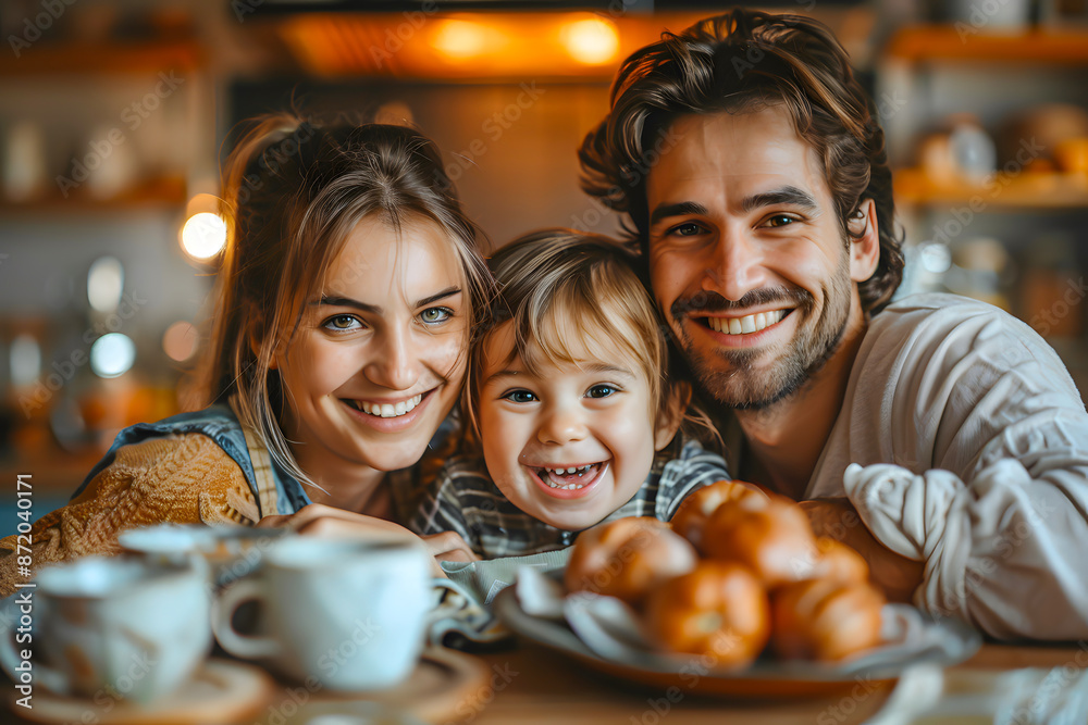 Happy family enjoying breakfast together in a cozy kitchen, smiling and sharing a joyful moment. Happy family enjoying breakfast together in a cozy kitchen, smiling and sharing a joyful moment.