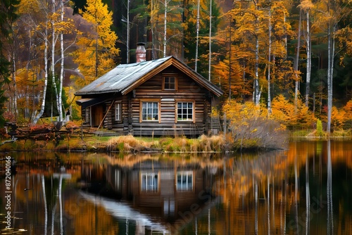 A small log cabin is reflected in the water.