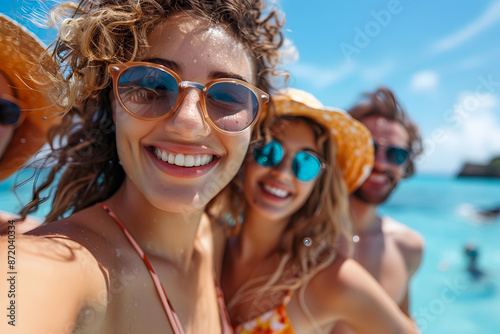 Group of friends enjoying a sunny beach day, wearing sunglasses and hats, capturing a joyful selfie with clear blue water in the background.