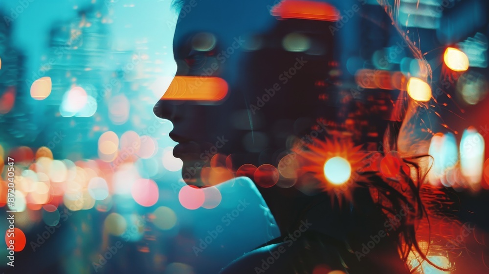 Double Exposure of a Woman's Profile Merged with Vibrant City Lights for Urban Art Photography Double Exposure of a Woman's Profile Merged with Vibrant City Lights for Urban Art Photography