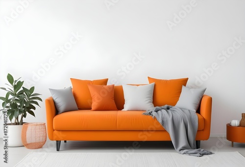 Orange sofa with colorful pillows near a blank white wall and plant decor. Modern interior for mockup, and wall art. Promotion background with copy-space. Generative AI 