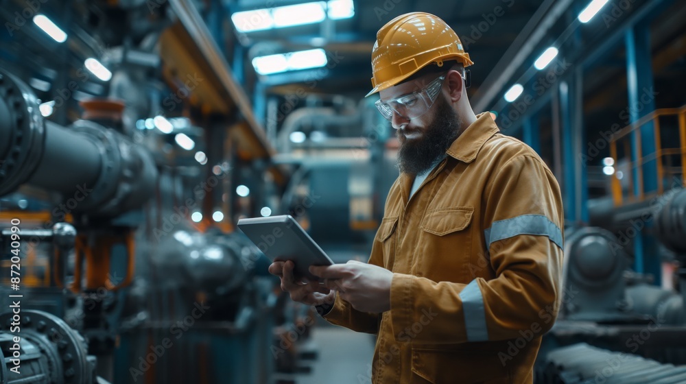 A bearded technician in a yellow safety suit consults a digital tablet amidst the complex machinery of an industrial plant. A bearded technician in a yellow safety suit consults a digital tablet amidst the complex machinery of an industrial plant.