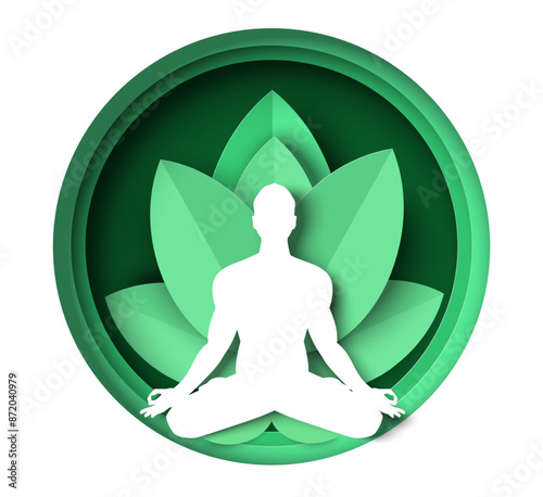 Human silhouette relax in yoga pose papercut vector illustration. Meditation and mindfulness spiritual practice, reiki stress relief and harmony concept