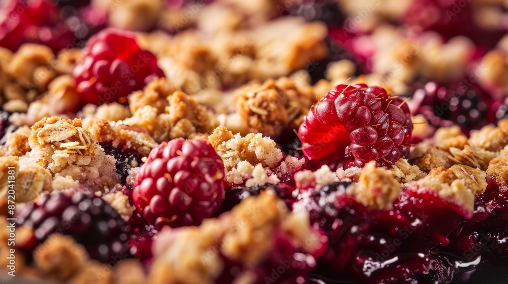 An irresistible wild berry crumble topped with a crunchy oat and cinnamon crust. An irresistible wild berry crumble topped with a crunchy oat and cinnamon crust.