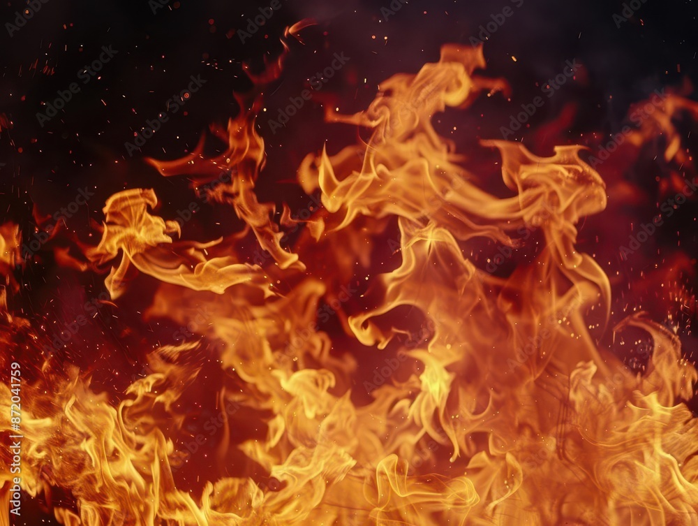 intense fire isolated on black dancing flames with intricate details embers floating upward extreme closeup
