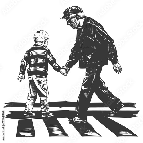Crosswalk Companions: Grandfather and Child, Ink Drawing, Generational Bond.