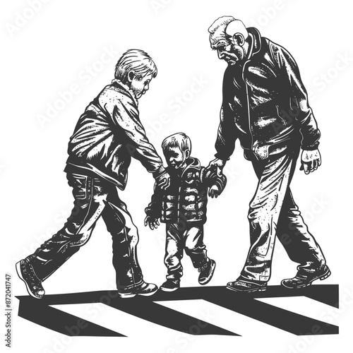 Grandfather, Grandson, and Child on Zebra Crossing: Engraved Generational Care.
