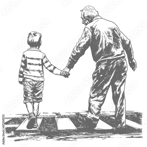 Grandfather & Grandson Crossing: Hand-in-Hand Journey, Ink Sketch Detail, Intergenerational Bond, Pedestrian Safety Illustration.