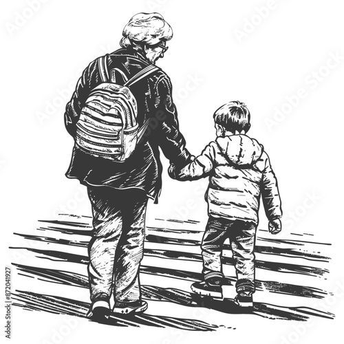 Hand-drawn: Grandmother and Grandson Crossing Zebra Stripes, Love and Security.