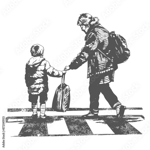 Monochrome etching: Mother and child crossing street with bags, journey, family.
