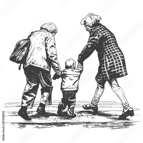 Ink Sketch: Grandmothers Guiding a Toddler Across the Street, Generational Care.