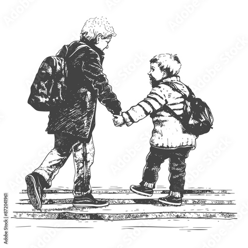 Brotherly Walk: Two Boys Hand-in-Hand, Ink Sketch, Back to School, Childhood Journey