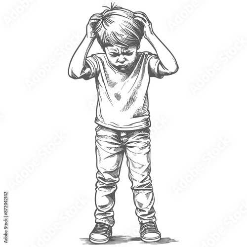 Sketch of a Frustrated Boy: Hands on Head, Puzzled Expression, Line Art.