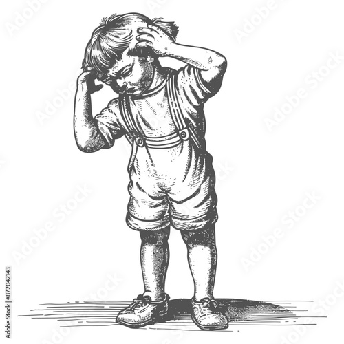 Puzzled Child: Vintage Illustration of a Girl Scratching Her Head in Confusion.