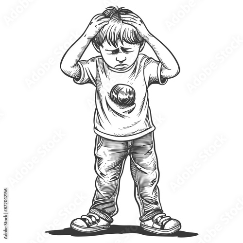 Distressed Boy, Hand-Drawn Illustration of Worry, Head in Hands, Frustration.