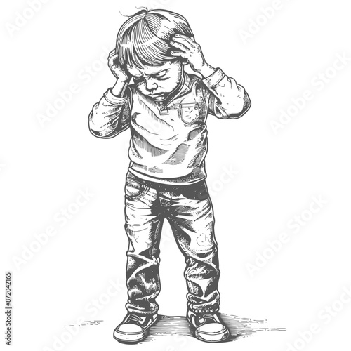 Frustrated Boy, Head in Hands, Anguish, Sketch Drawing.