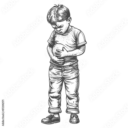 Boy's Stomachache: Hand-Drawn Illustration of a Pained Child Holding His Belly