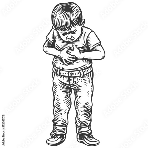 Etched Child Clutching Chest: Aching Heart or Stomach Distress Sketch