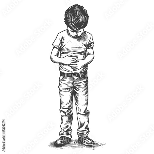 Pencil Sketch: Boy Clutching Stomach, Looking Down, Abdominal Pain, Sadness, Black and White.