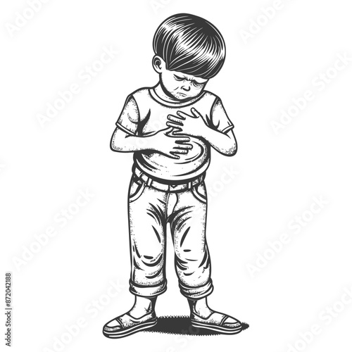 Pained Boy Holding Stomach, Engraving Style Illustration, Child in Sandals.