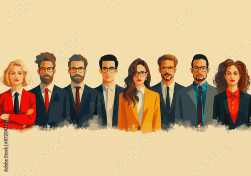 Diverse Business Team Cooperation Concept Illustration in Minimalistic Style Showing Large Group Collaboration and Teamwork with Professional Attire in Daytime Setting
