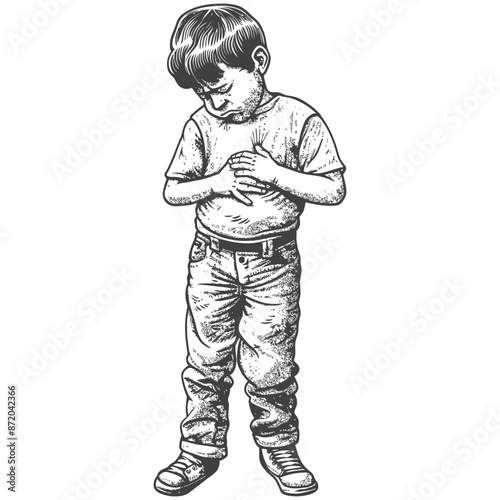Pensive Boy, Hands on Chest, Etched Illustration, Vulnerable Child, Black and White Sketch.