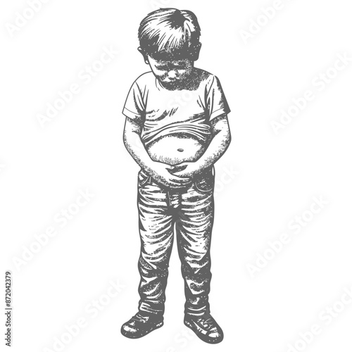 Pensive Boy: Sketched Figure with Downcast Eyes, Holding Stomach in Jeans.