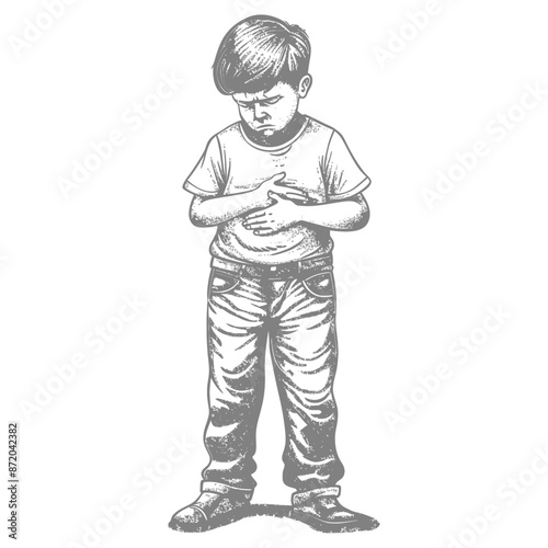 Pensive Boy, Head Down, Hands on Chest, Graphic Sketch Illustration