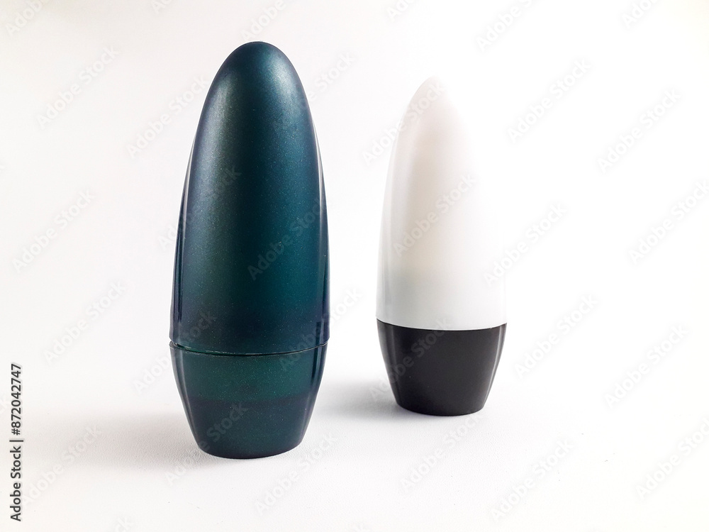 White and pearl green plastic roll on bottle isolated on white background. Roll on deodorant packaging White and pearl green plastic roll on bottle isolated on white background. Roll on deodorant packaging