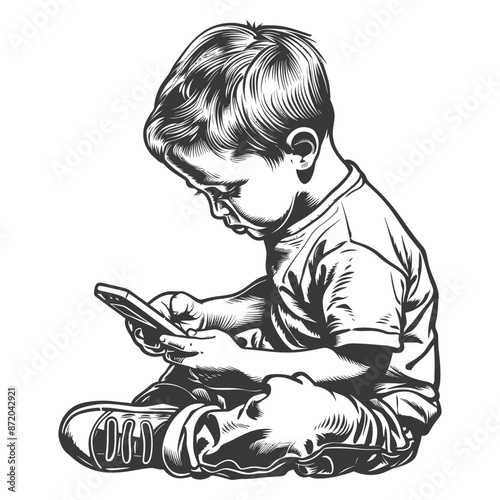 Engrossed Toddler: Detailed Engraving of Child with Smartphone, Digital Dependency