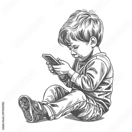Focused Toddler: Monochrome Vector Art of Boy Playing with Smartphone.