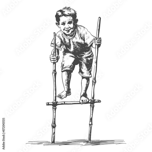 Ink Sketch: Boy on Bamboo Stilts, Smiling.