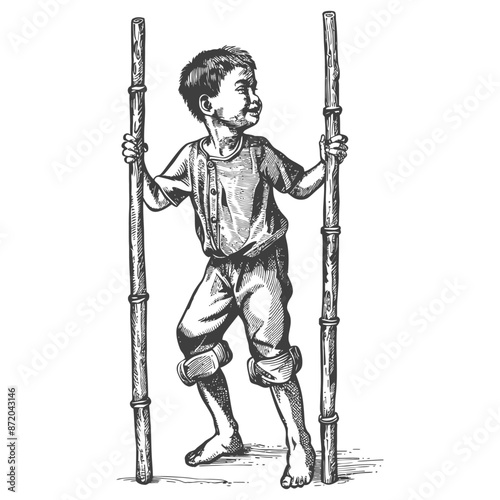 Vintage Boy on Bamboo Stilts, Engraved Style Illustration