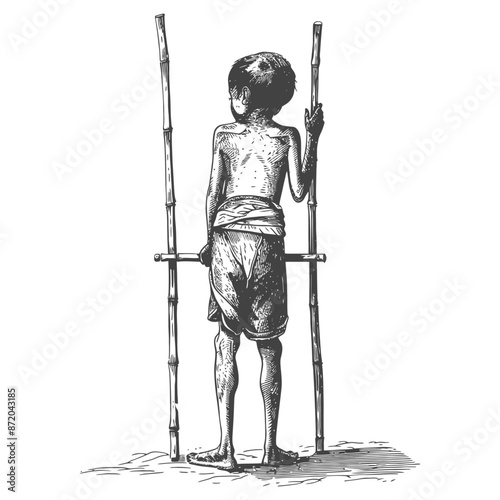 Vintage Stilt Walker: Boy on Stilts, Rear View, Traditional Skill, Sepia Tone.