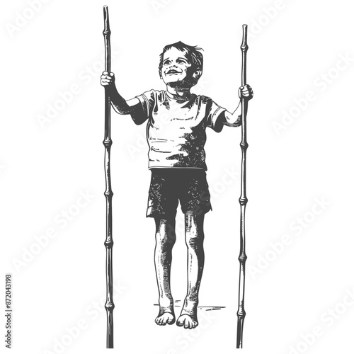 Child on Stilts: Hand-Drawn Sketch of a Young Boy Balancing with Bamboo Poles, Joyful Expression, Monochrome Illustration